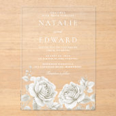 白エレガントローズヴィンテージ結婚式 アクリル招待状 (正面)