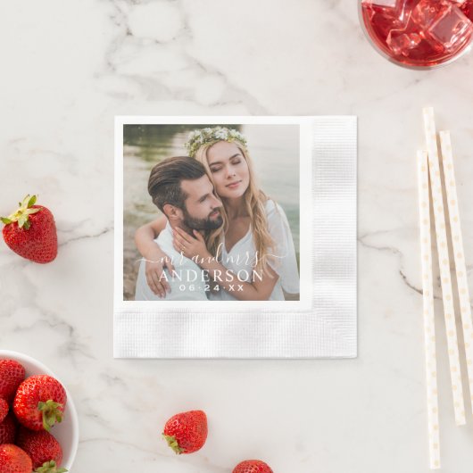 白エレガント人夫妻モノグラム写結婚真 縁ありカクテルナプキン (インサイチュ)