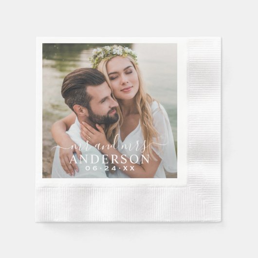 白エレガント人夫妻モノグラム写結婚真 縁ありカクテルナプキン (正面)