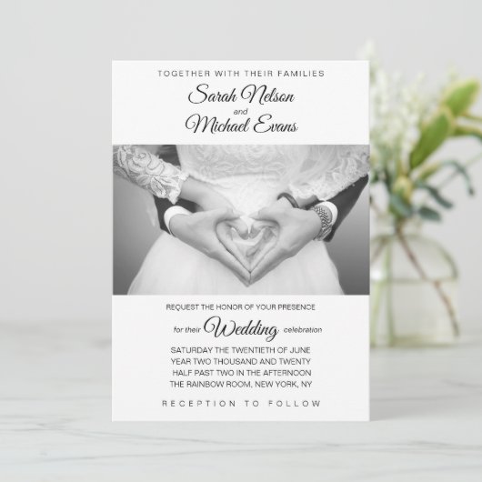 白エレガント伝統的黒の写真結婚 招待状 (スタンド正面)
