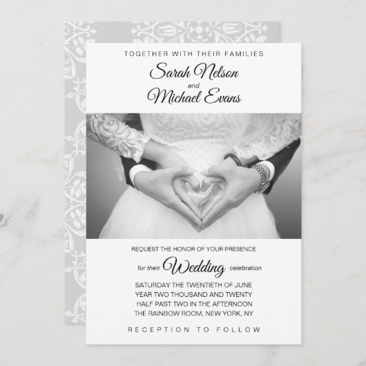 白エレガント伝統的黒の写真結婚 招待状 (正面/裏面)
