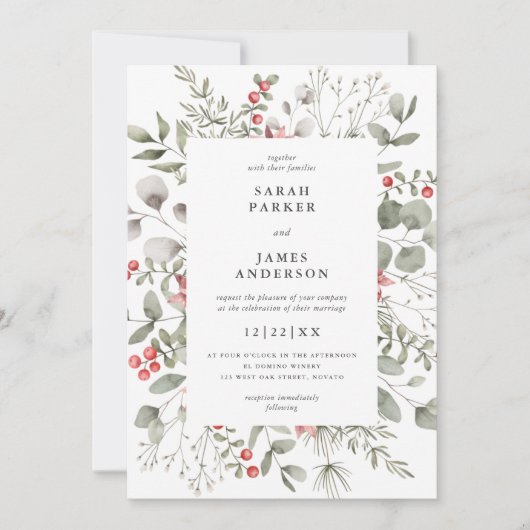 白エレガント冬の水の色の緑結婚色 招待状 (正面)