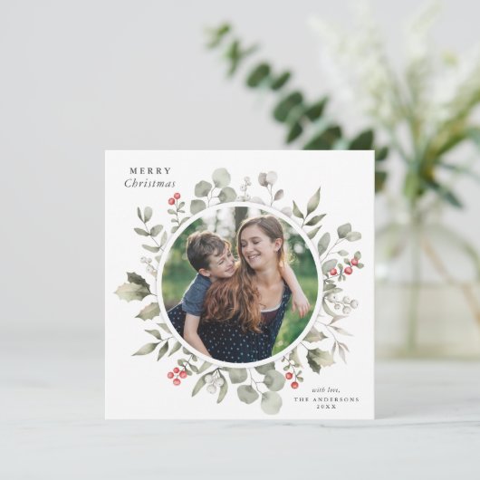 白エレガント冬の緑のリースフォトスクエア シーズンカード (スタンド正面)