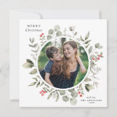 白エレガント冬の緑のリースフォトスクエア シーズンカード (正面)