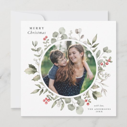 白エレガント冬の緑のリースフォトスクエア シーズンカード (正面)
