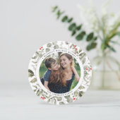 白エレガント冬の緑のリース写真ラウンド シーズンカード (スタンド正面)