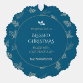 白エレガント冬の離れMIstleteブルー オーナメントカード (正面)