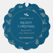 白エレガント冬の離れMIstleteブルー オーナメントカード (裏面)