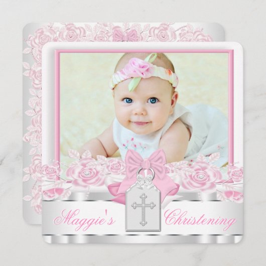 白エレガント十字ピンクフォト《キリスト教》洗礼式や命名式 招待状 (正面/裏面)