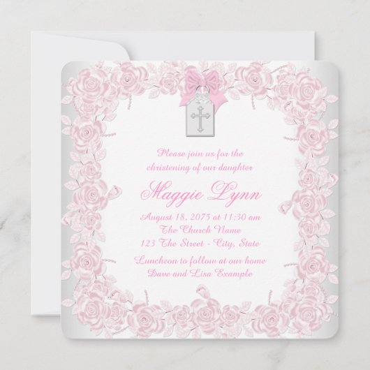 白エレガント十字ピンクフォト《キリスト教》洗礼式や命名式 招待状 (裏面)