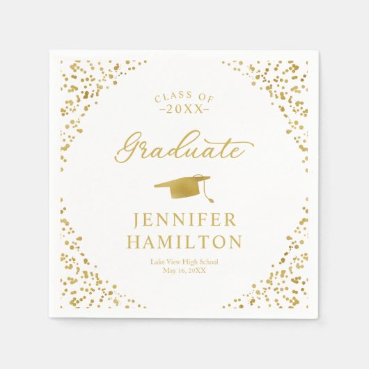 白エレガント卒卒業金ゴールド紙吹雪 スタンダードカクテルナプキン (正面)