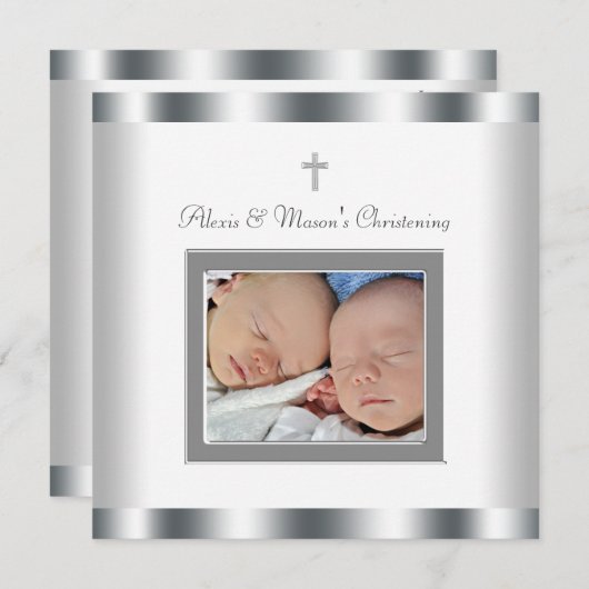 白エレガント双子フォト《キリスト教》洗礼式や命名式招待状 招待状 (正面/裏面)