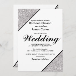 白エレガント地モダンに銀グリッター 招待状