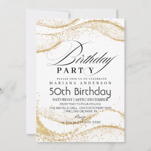 白エレガント塵金ゴールドグリッター50誕生日 招待状 (正面)