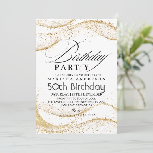 白エレガント塵金ゴールドグリッター50誕生日 招待状 (スタンド正面)