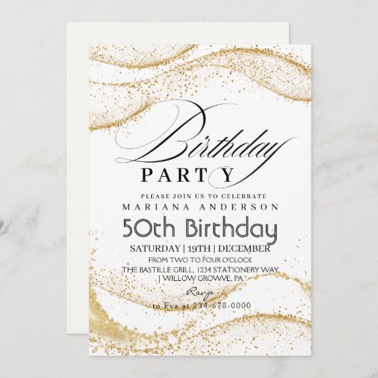 白エレガント塵金ゴールドグリッター50誕生日 招待状 (正面/裏面)