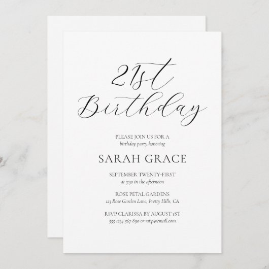 白エレガント墨書第21回誕生日 招待状 (正面/裏面)