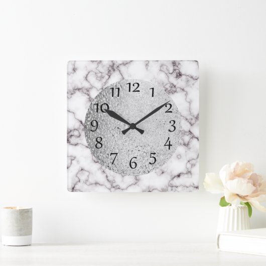 白エレガント大理石とグレーとシルバー スクエア壁時計 (ホーム)