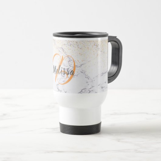 白エレガント大理石とフェイクグリッターモノグラムの トラベルマグ (正面右)