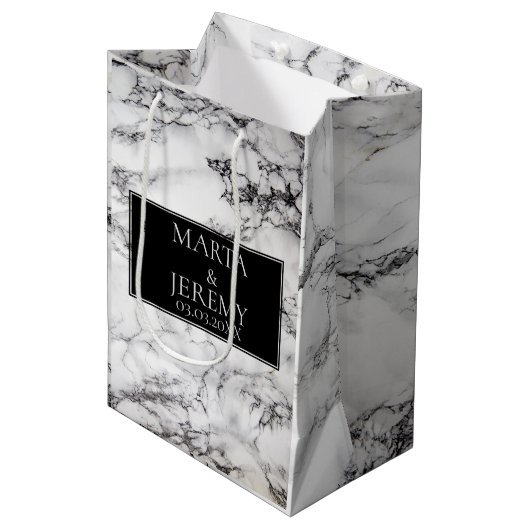 白エレガント大理石と黒 ミディアムペーパーバッグ (正面アングル)