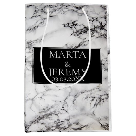 白エレガント大理石と黒 ミディアムペーパーバッグ (正面)