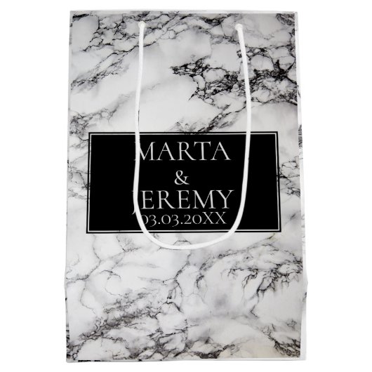 白エレガント大理石と黒 ミディアムペーパーバッグ (裏面)