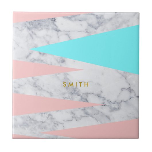 白エレガント大理石の幾何学的な三角形ピンクのミント タイル (正面)