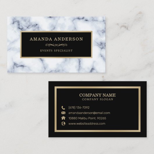 白エレガント大理石の金ゴールド枠 |名刺 名刺 (正面/裏面)