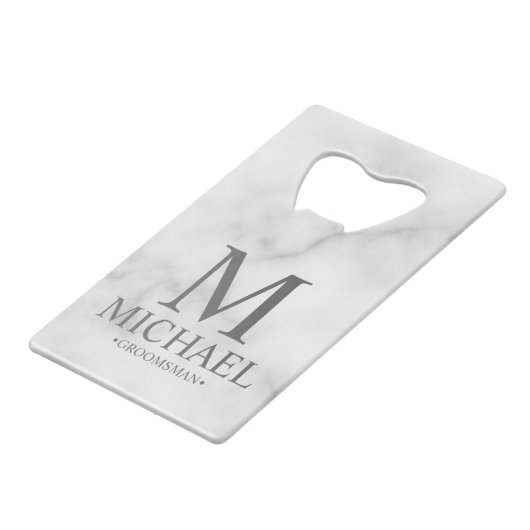 白エレガント大理石グパーソナライズされたロンプマン クレジットカード栓抜き (正面アングル)