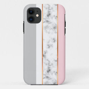白エレガント大理石グレーピンク金ゴールドストライプ iPhone 11 ケース