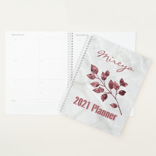 白エレガント大理石ピンクフォイル葉パーソナライズされた プランナー手帳 (ディスプレー)