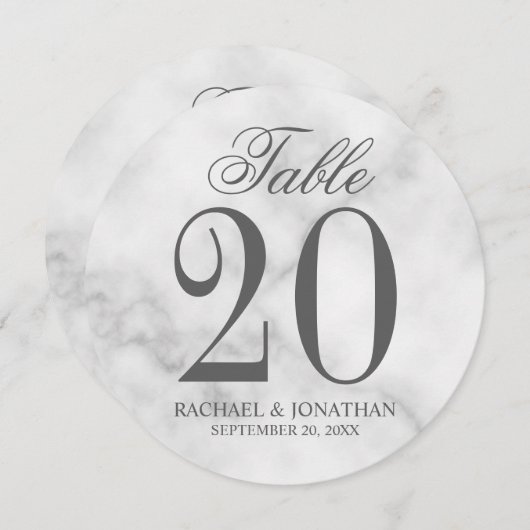 白エレガント大理石結婚の円卓番号 招待状 (正面/裏面)