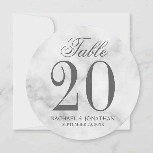 白エレガント大理石結婚の円卓番号 招待状 (正面)