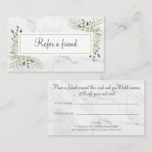 白エレガント大理石緑葉の紹介カード 紹介カード (正面/裏面)