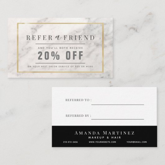 白エレガント大理石金ゴールドフレームサロン紹介 名刺 (正面/裏面)