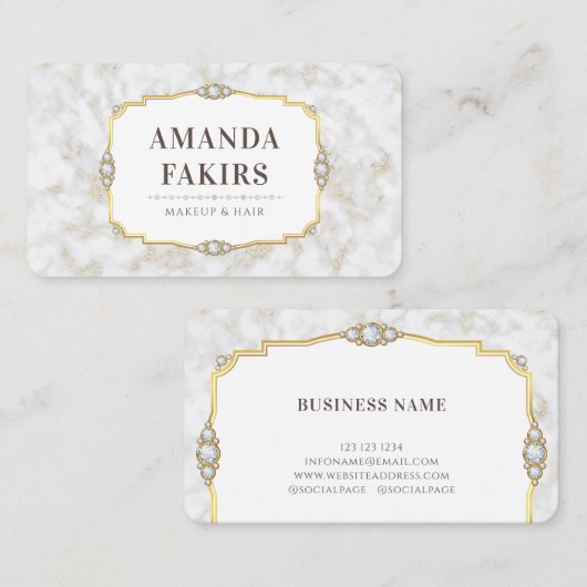 白エレガント大理石金ゴールドフレームメイクアップアーティスト 名刺 (正面/裏面)