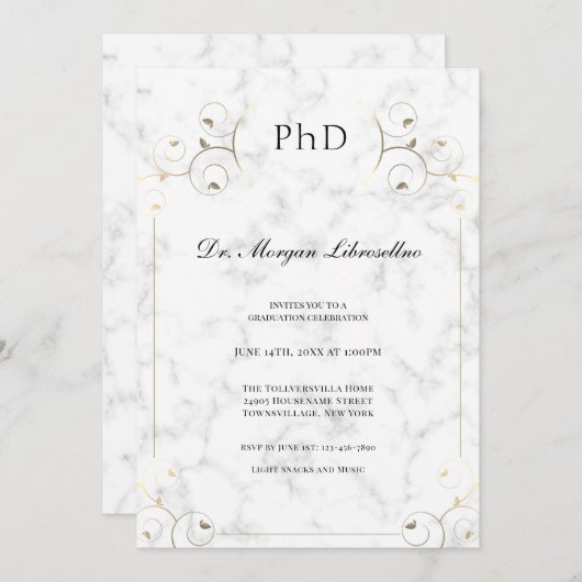白エレガント大理石金ゴールド博士課程 招待状 (正面/裏面)