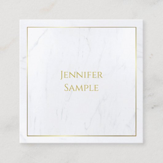 白エレガント大理石金ゴールド文字ラグジュアリー スクエア名刺 (正面)