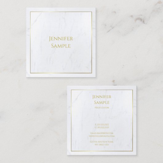 白エレガント大理石金ゴールド文字ラグジュアリー スクエア名刺 (正面/裏面)