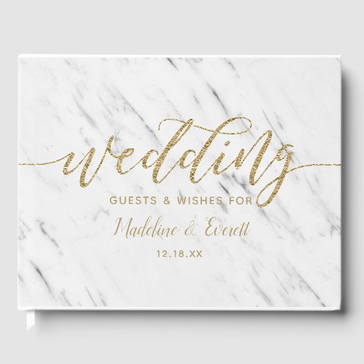 白エレガント大理石&ゴールドフォイル結婚ズモノグラム ゲストブック (正面)