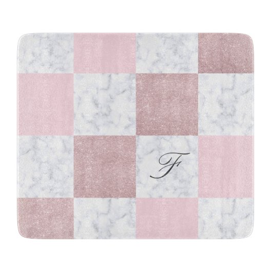 白エレガント大理石・バラ金ゴールド市松模様にグリッター カッティングボード (正面)