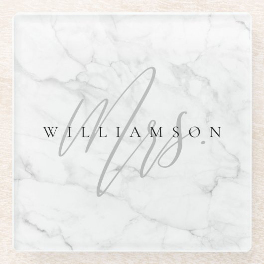 白エレガント大理石Mrs.スクリプトカスタム ガラスコースター (正面)