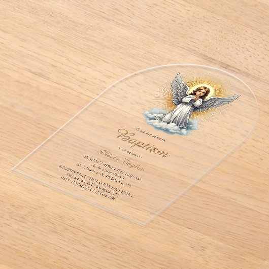 白エレガント天使の宗教洗礼 アクリル招待状 (レイダウン)