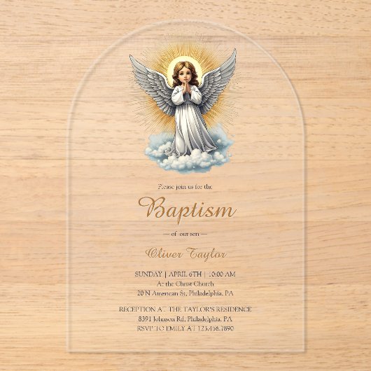 白エレガント天使の宗教洗礼 アクリル招待状 (正面)
