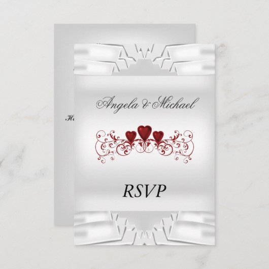 白エレガント婚式RSVP赤いハート 出欠カード (正面/裏面)