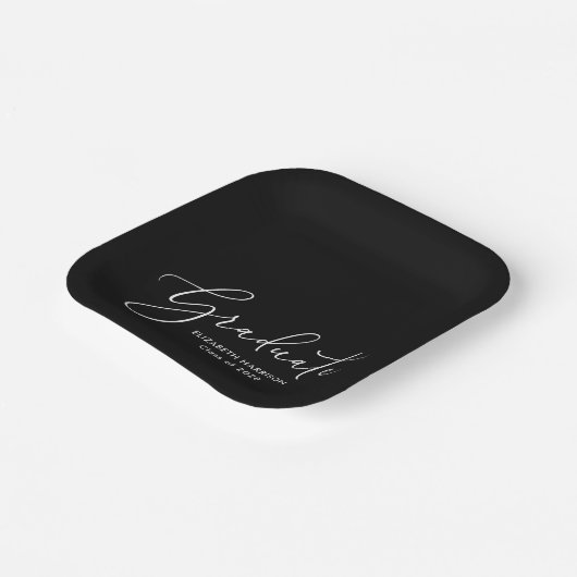 白エレガント字黒卒業パーティー ペーパープレート (傾斜あり)