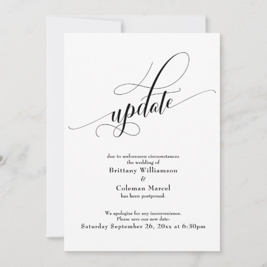 白エレガント延期結婚更新カード 招待状 (正面)