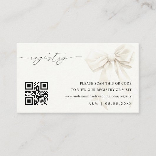 白エレガント弓Qrコードの結婚ギフトレジストリ エンクロージャーカード (正面)