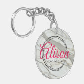 白エレガント御影石の名前と誕生日 キーホルダー (正面左)