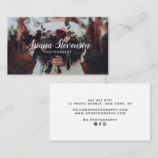 白エレガント手書きスクリプト撮影プレーン 名刺 (正面/裏面)